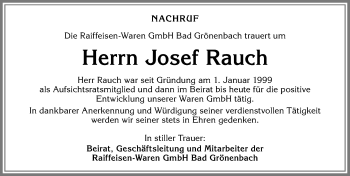 Traueranzeige von Josef Rauch von Allgäuer Zeitung,Kempten