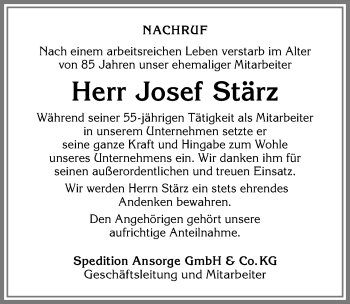 Traueranzeige von Josef Stärz von Allgäuer Zeitung