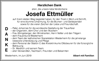 Traueranzeige von Josefa Ettmüller von Memminger Zeitung