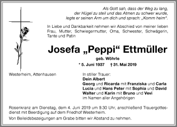 Traueranzeige von Josefa Ettmüller von Memminger Zeitung