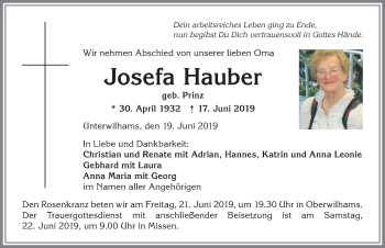 Traueranzeige von Josefa Hauber von Allgäuer Anzeigeblatt