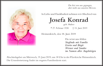 Traueranzeige von Josefa Konrad von Der Westallgäuer