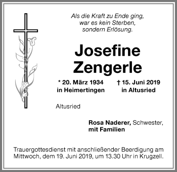 Traueranzeige von Josefine Zengerle von Allgäuer Zeitung