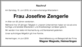 Traueranzeige von Josefine Zengerle von Memminger Zeitung