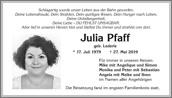 Traueranzeige von Julia Pfaff von Allgäuer Zeitung, Kaufbeuren/Buchloe