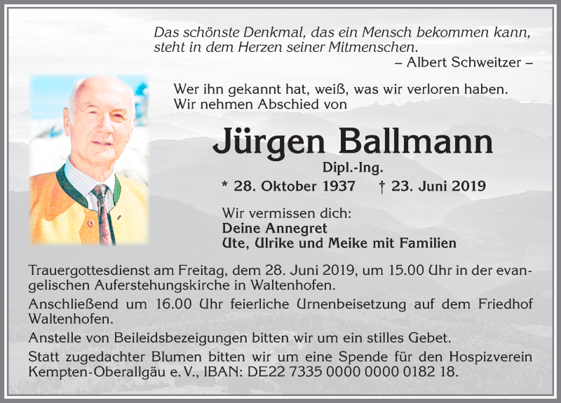  Traueranzeige für Jürgen Ballmann vom 26.06.2019 aus Allgäuer Zeitung,Kempten