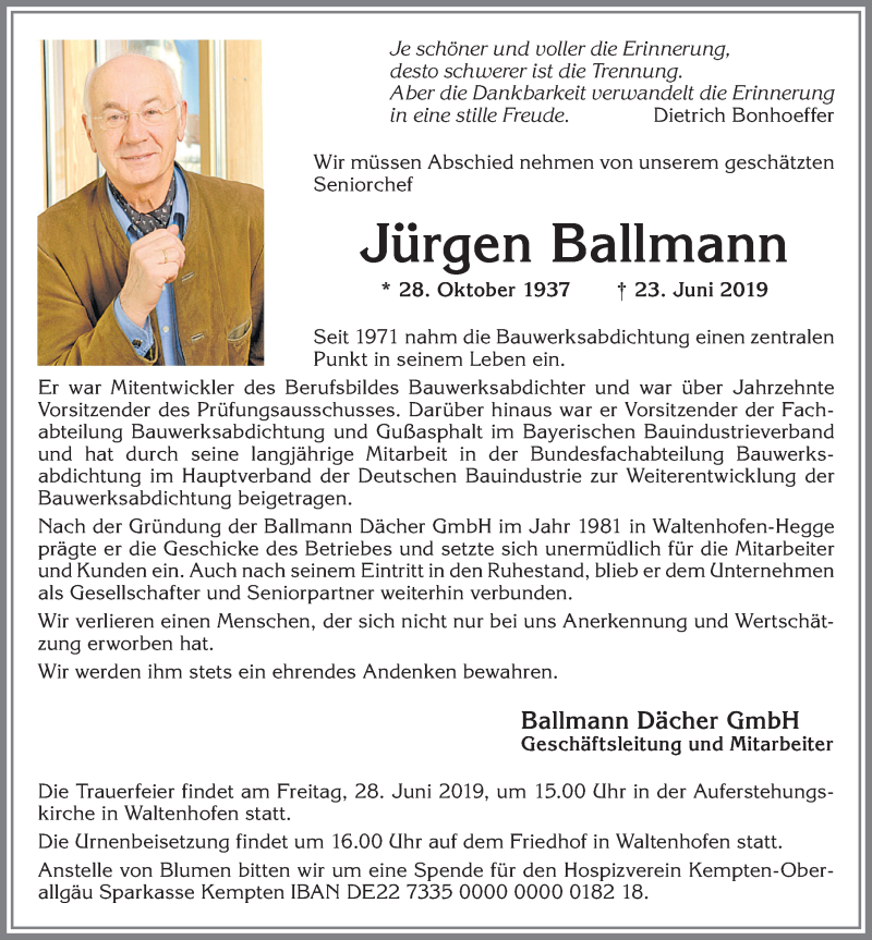  Traueranzeige für Jürgen Ballmann vom 26.06.2019 aus Allgäuer Zeitung, Gesamtausgabe