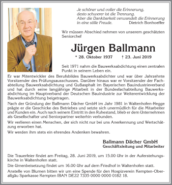 Traueranzeige von Jürgen Ballmann von Allgäuer Zeitung, Gesamtausgabe