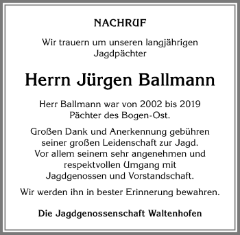 Traueranzeige von Jürgen Ballmann von Allgäuer Zeitung,Kempten