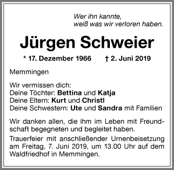 Traueranzeige von Jürgen Schweier von Memminger Zeitung
