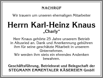 Traueranzeige von Karl-Heinz Knaus von Allgäuer Zeitung,Kempten