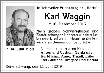 Traueranzeige von Karl Waggin von Allgäuer Zeitung, Kaufbeuren/Buchloe