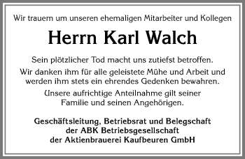 Traueranzeige von Karl Walch von Allgäuer Zeitung, Kaufbeuren/Buchloe