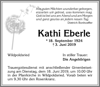 Traueranzeige von Kathi Eberle von Allgäuer Zeitung,Kempten