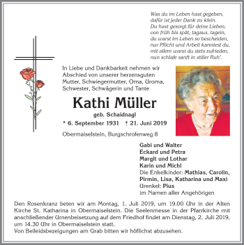 Traueranzeige von Kathi Müller von Allgäuer Anzeigeblatt