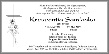 Traueranzeige von Keszentia Samlaska von Allgäuer Zeitung, Füssen