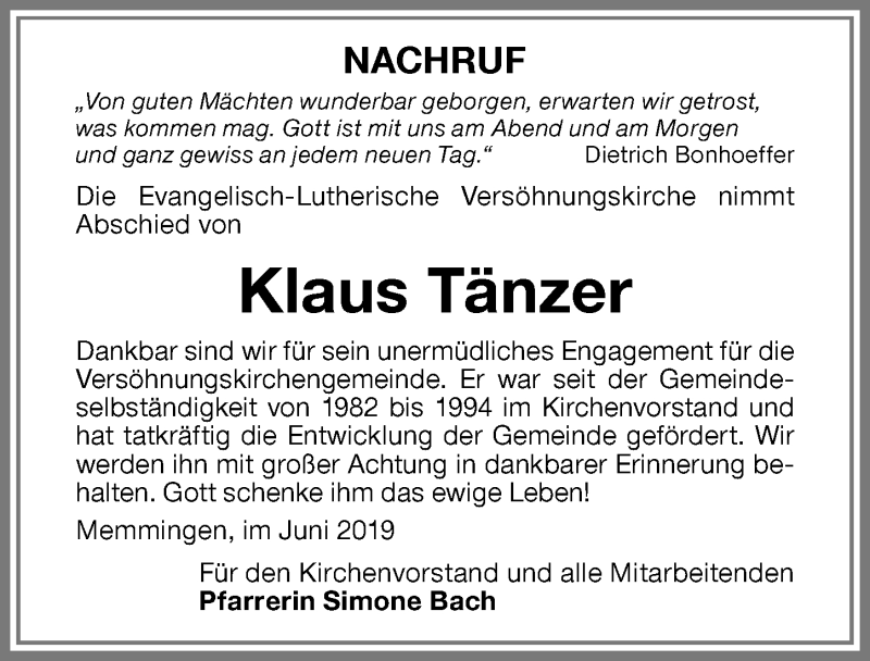  Traueranzeige für Klaus Tänzer vom 05.06.2019 aus Memminger Zeitung