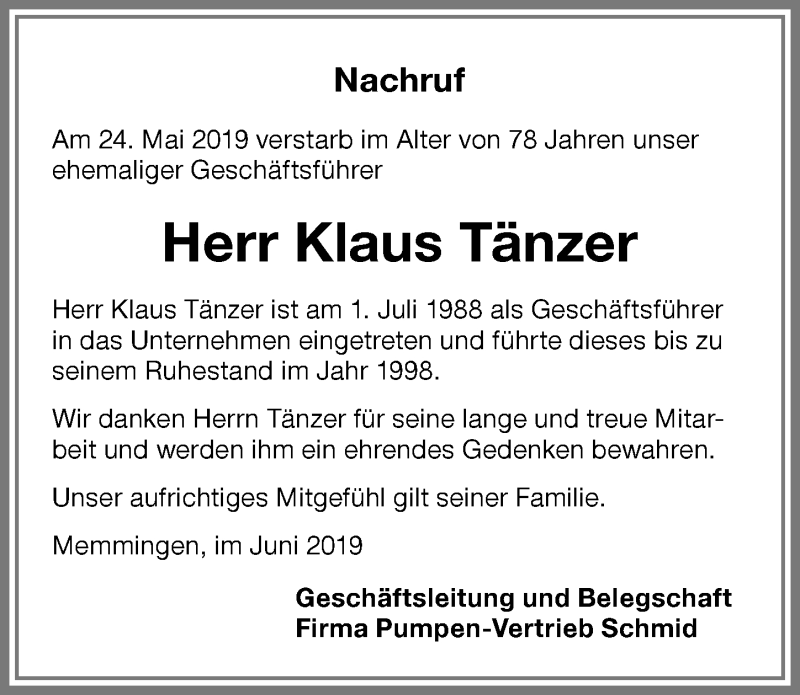  Traueranzeige für Klaus Tänzer vom 07.06.2019 aus Memminger Zeitung
