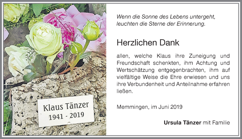  Traueranzeige für Klaus Tänzer vom 15.06.2019 aus Memminger Zeitung