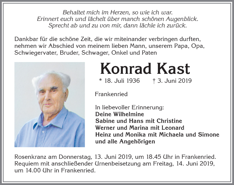  Traueranzeige für Konrad Kast vom 08.06.2019 aus Allgäuer Zeitung, Kaufbeuren/Buchloe