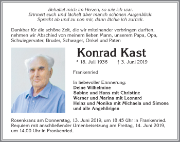 Traueranzeige von Konrad Kast von Allgäuer Zeitung, Kaufbeuren/Buchloe