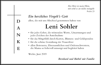 Traueranzeige von Leni Sohler von Der Westallgäuer