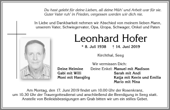 Traueranzeige von Leonhard Hofer von Allgäuer Zeitung, Füssen