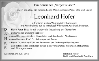 Traueranzeige von Leonhard Hofer von Allgäuer Zeitung, Füssen