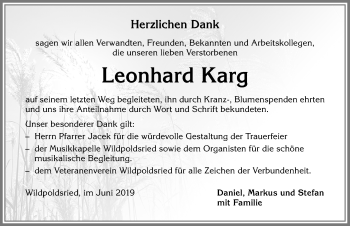 Traueranzeige von Leonhard Karg von Allgäuer Zeitung,Kempten