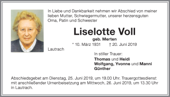 Traueranzeige von Liselotte Voll von Memminger Zeitung