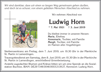 Traueranzeige von Ludwig Horn von Allgäuer Zeitung, Kaufbeuren/Buchloe