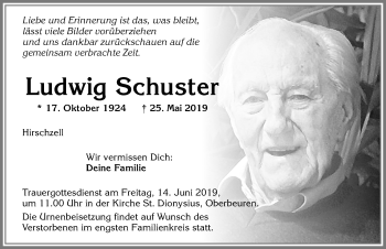 Traueranzeige von Ludwig Schuster von Allgäuer Zeitung, Kaufbeuren/Buchloe