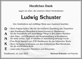 Traueranzeige von Ludwig Schuster von Allgäuer Zeitung, Kaufbeuren/Buchloe