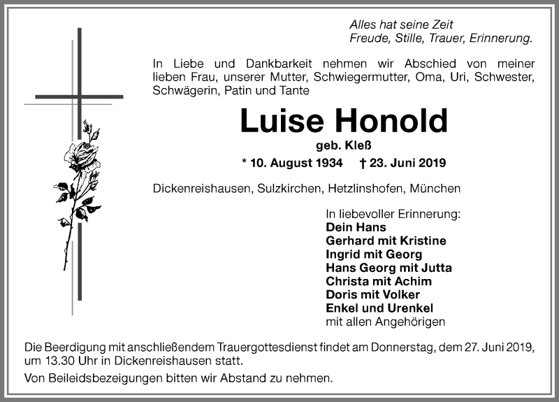  Traueranzeige für Luise Honold vom 26.06.2019 aus Memminger Zeitung