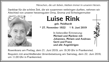 Traueranzeige von Luise Rink von Allgäuer Zeitung, Kaufbeuren/Buchloe