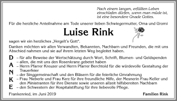 Traueranzeige von Luise Rink von Allgäuer Zeitung, Kaufbeuren/Buchloe