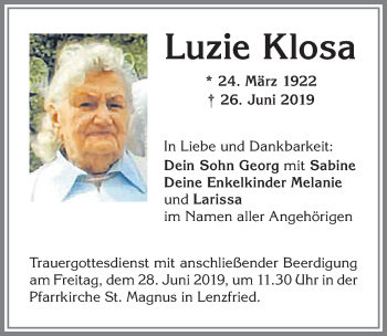 Traueranzeige von Luzie Klosa von Allgäuer Zeitung,Kempten
