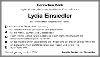 Traueranzeige von Lydia Einsiedler von Memminger Zeitung