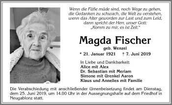 Traueranzeige von Magda Fischer von Allgäuer Zeitung, Kaufbeuren/Buchloe