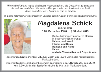 Traueranzeige von Magdalena Schick von Allgäuer Zeitung