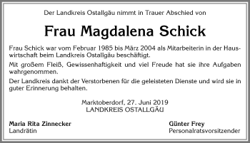 Traueranzeige von Magdalena Schick von Allgäuer Zeitung, Marktoberdorf