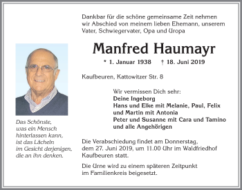Traueranzeige von Manfred Haumayr von Allgäuer Zeitung, Kaufbeuren/Buchloe