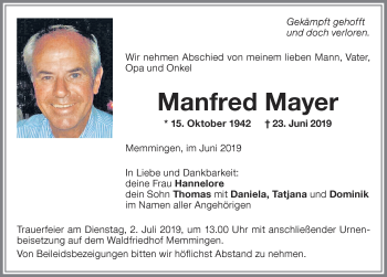 Traueranzeige von Manfred Mayer von Memminger Zeitung