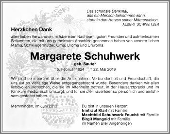 Traueranzeige von Margarete Schuhwerk von Memminger Zeitung