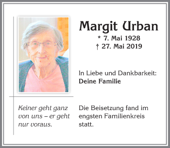 Traueranzeige von Margit Urban von Allgäuer Zeitung,Kempten