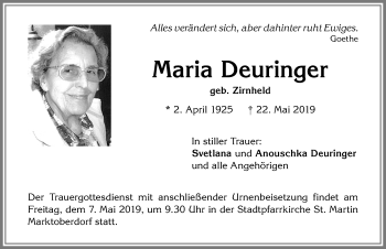 Traueranzeige von Maria Deuringer von Allgäuer Zeitung, Marktoberdorf