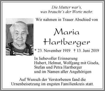 Traueranzeige von Maria Hartberger von Allgäuer Zeitung, Marktoberdorf