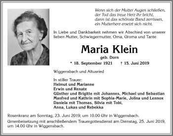 Traueranzeige von Maria Klein von Allgäuer Zeitung,Kempten