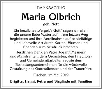 Traueranzeige von Maria Olbrich von Allgäuer Anzeigeblatt