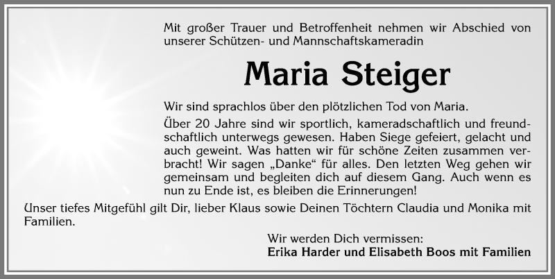  Traueranzeige für Maria Steiger vom 14.06.2019 aus Allgäuer Zeitung, Füssen